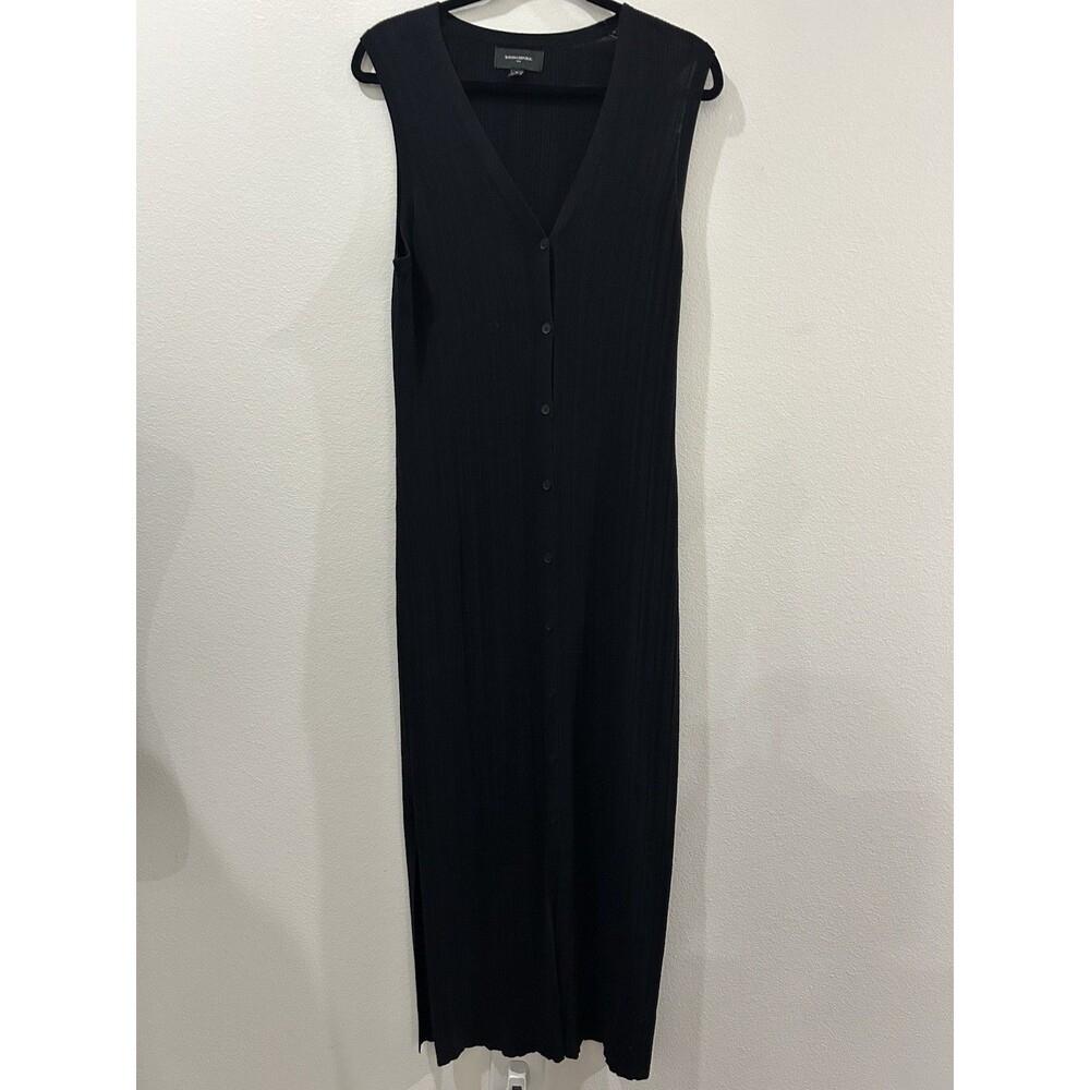 Banana Republic Womens Sz L Midi Dress Black Sleeveless V Neck Button Up Front